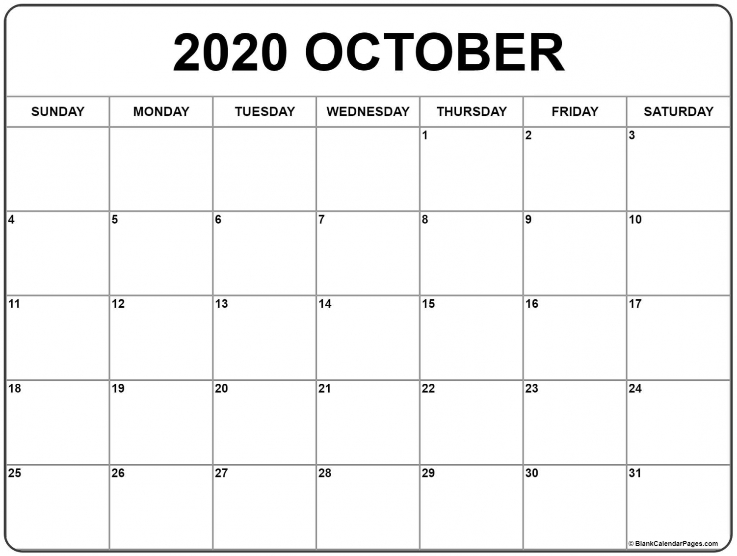 October Printable Calendar 2020