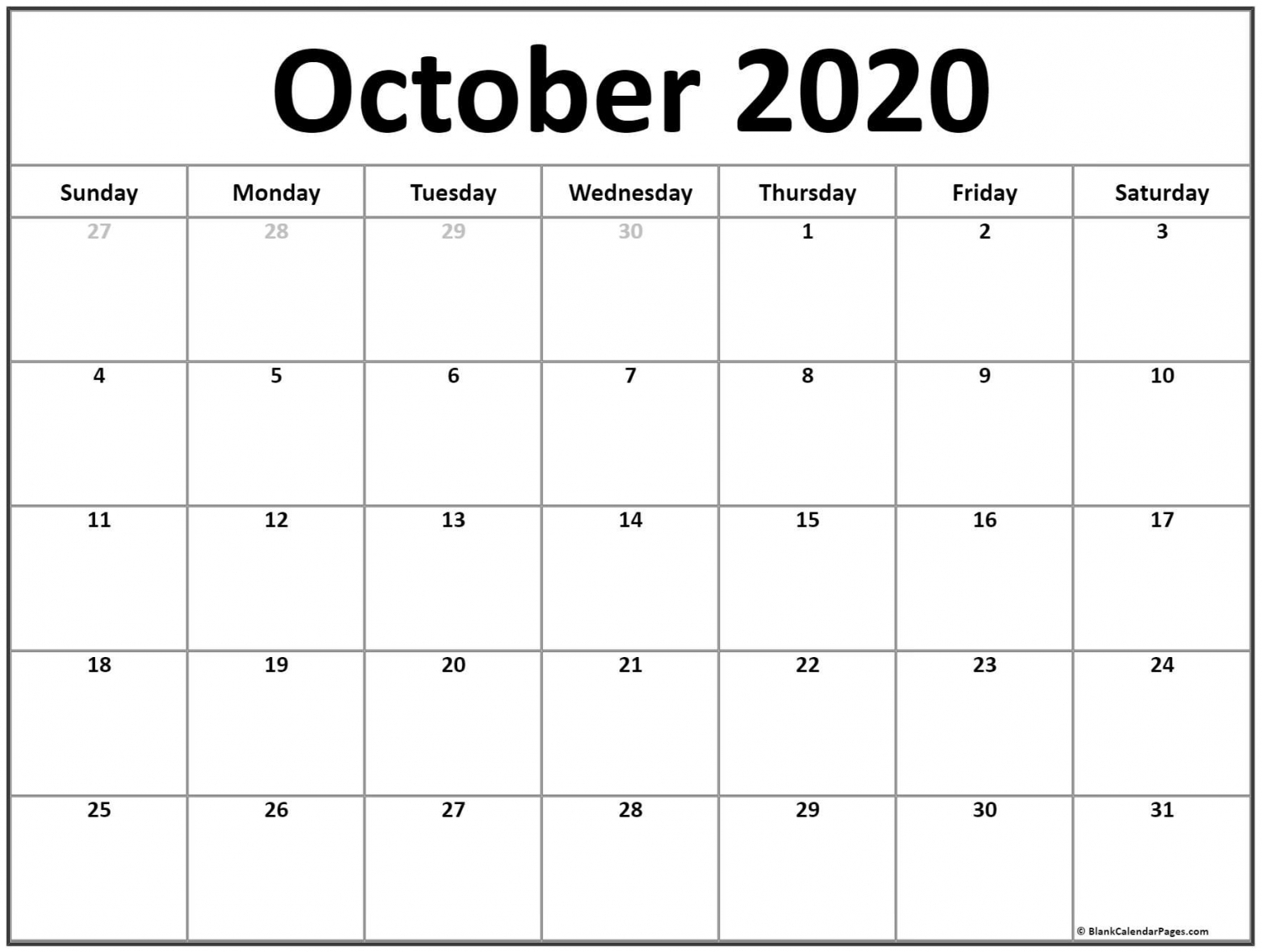 October 2020 Calendar Printable