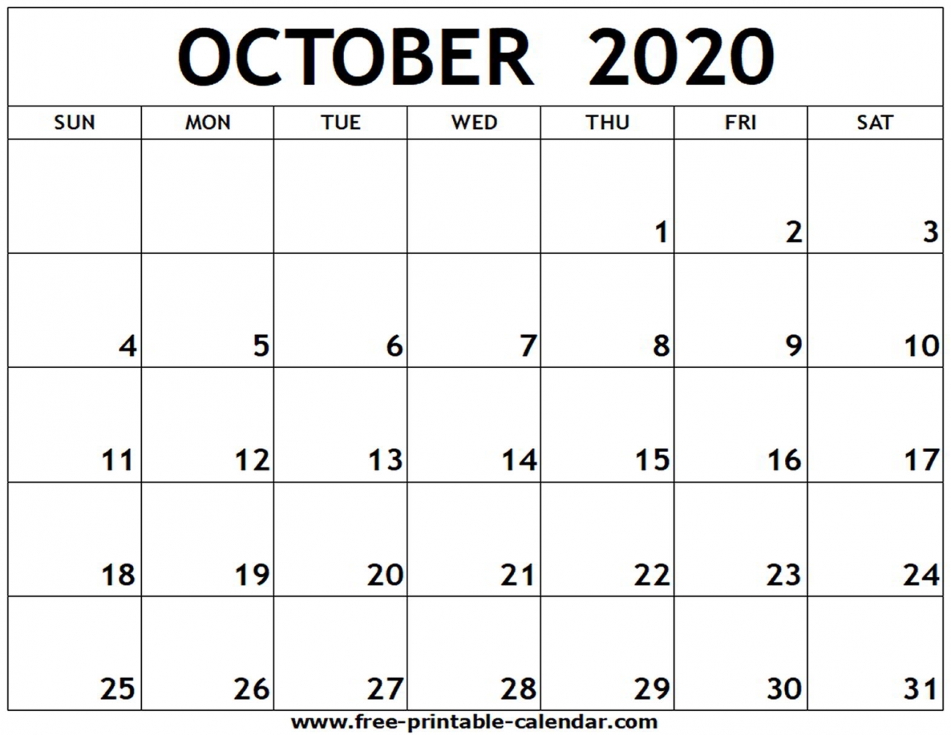 October Calendar 2020 Printable