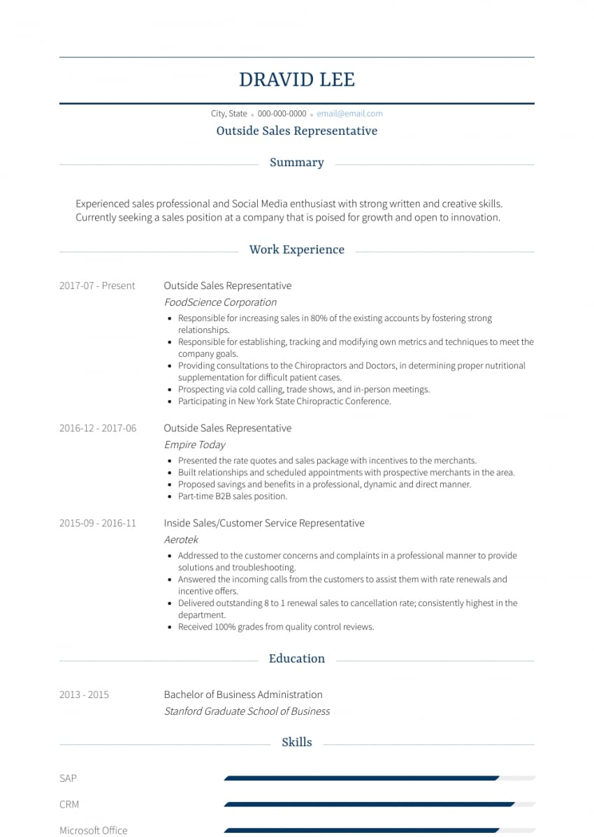 Outside Sales - Resume Samples And Templates | Visualcv