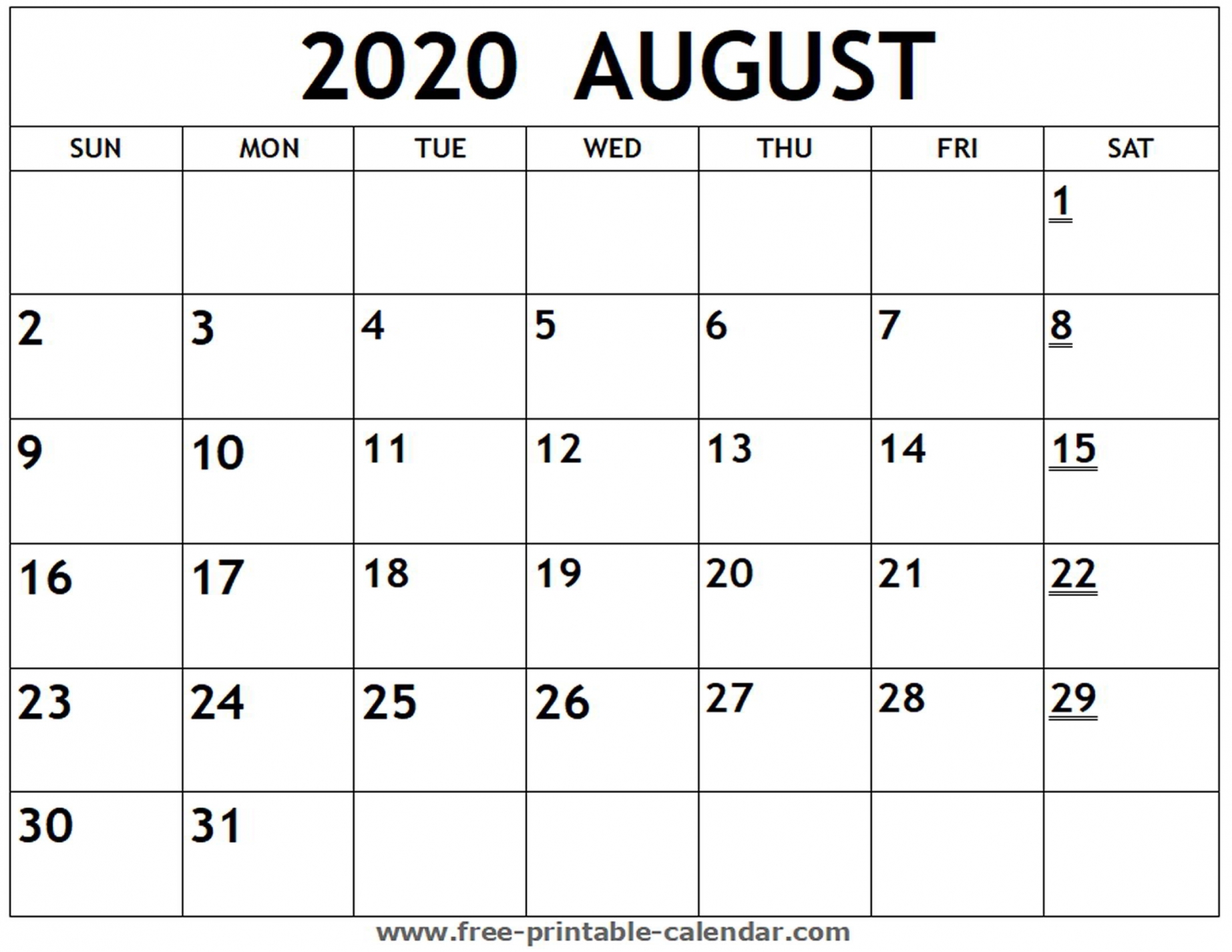 August Calendar Printable 2020