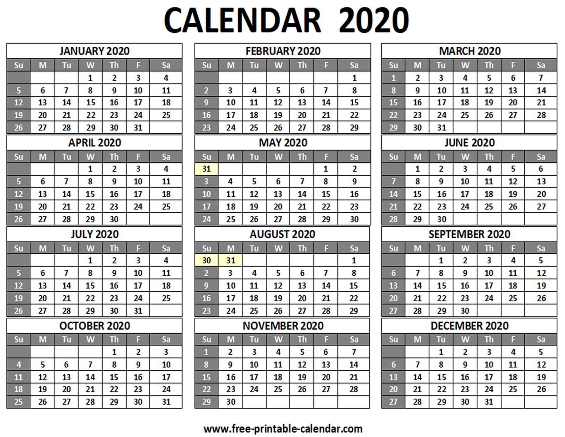 2020 12 Month Printable Calendar 2020 12 Month Printable Calendar