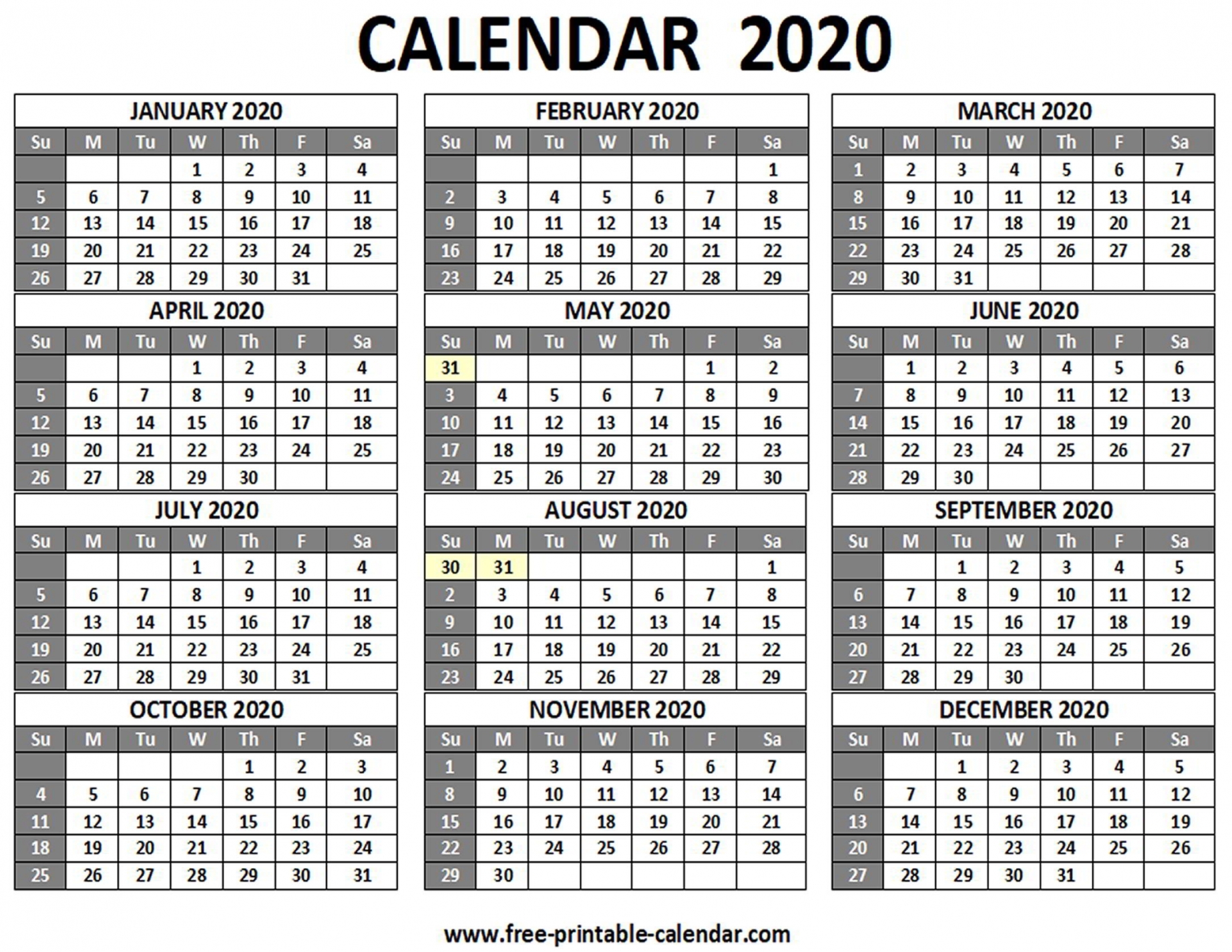 Free Printable 2020 Calendar Landscape