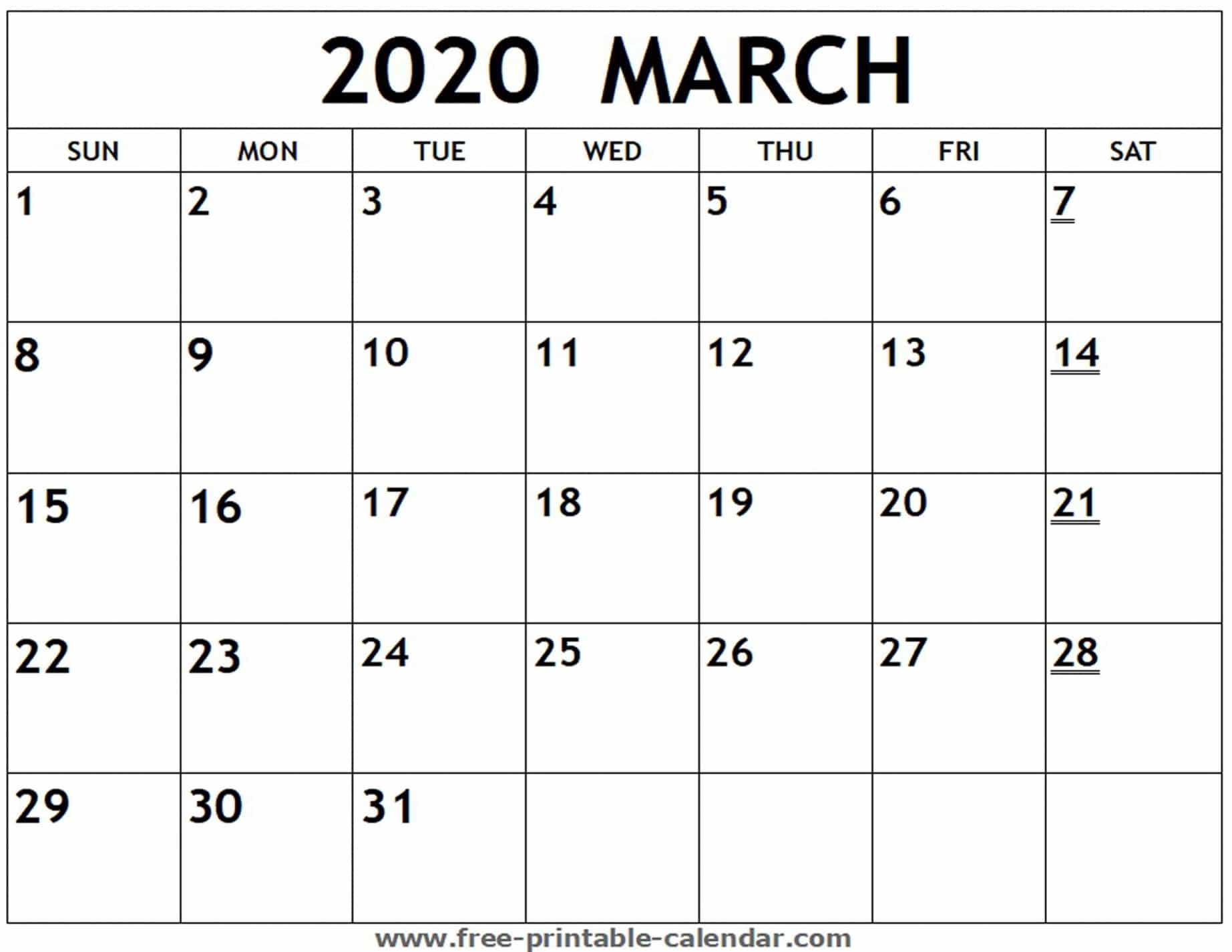 2020 March Calendar Printable