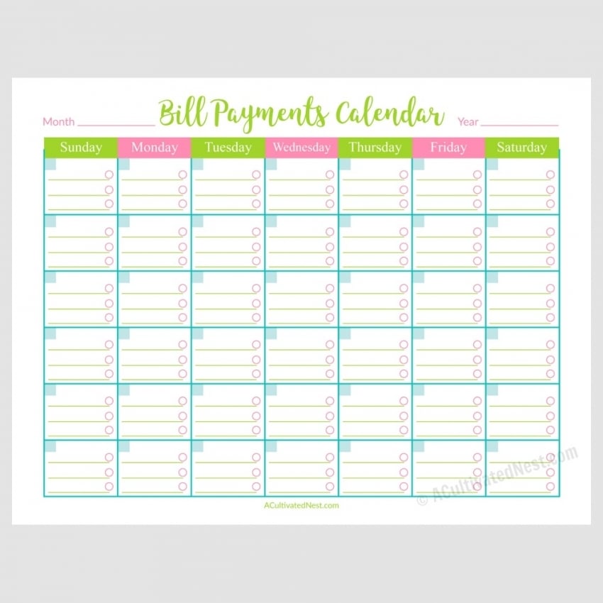 Free Printable Bill Calendar