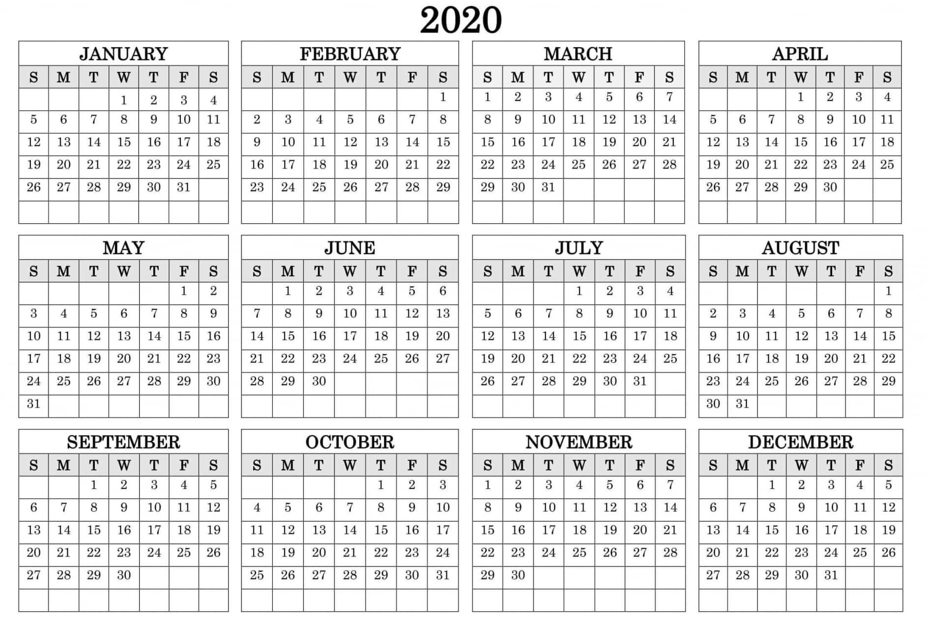 2020 12 Month Printable Calendar 2020 12 Month Printable Calendar