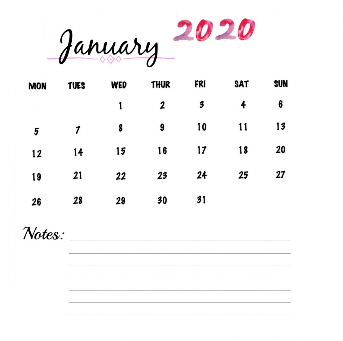 Printable 2020 Universal Monthly Calendar