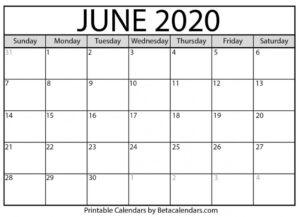 Printable June 2020 Calendar - Beta Calendars