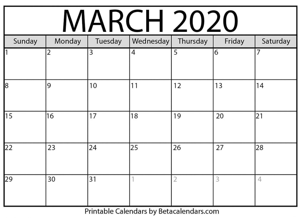 2020 March Calendar Printable