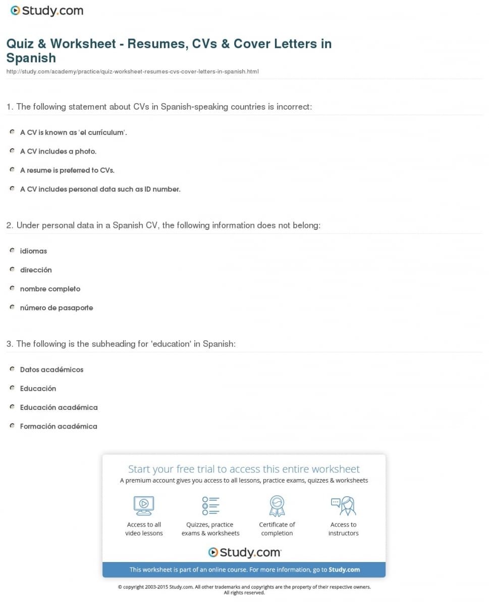Quiz &amp; Worksheet - Resumes, Cvs &amp; Cover Letters In Spanish