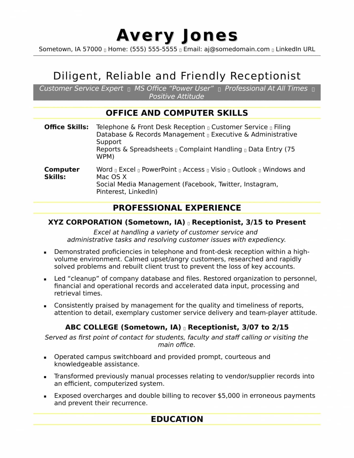 Reception Resume Examples