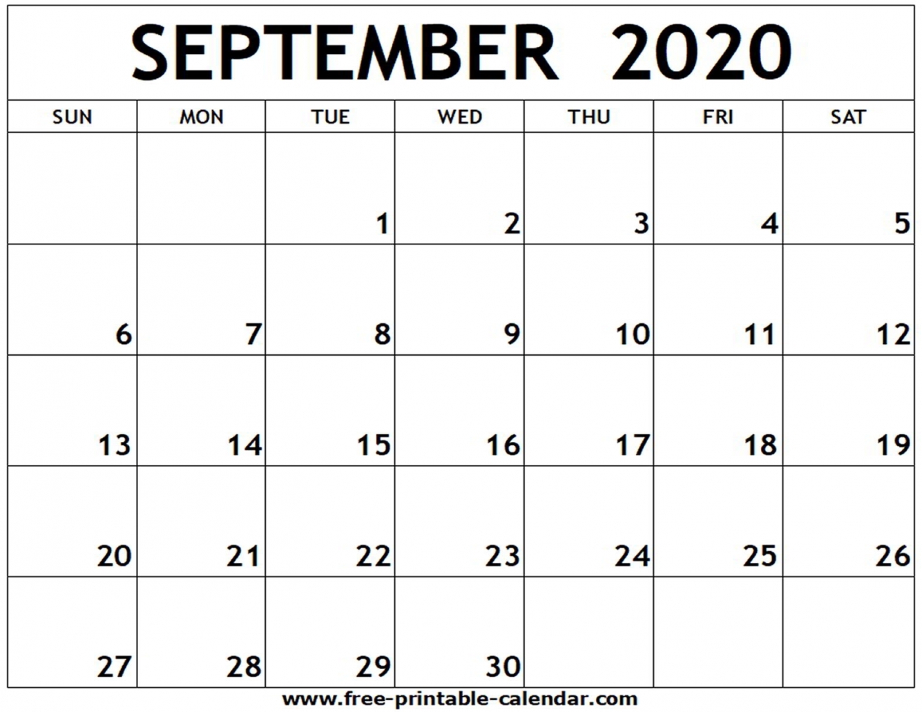 September 2020 Calendar Printable