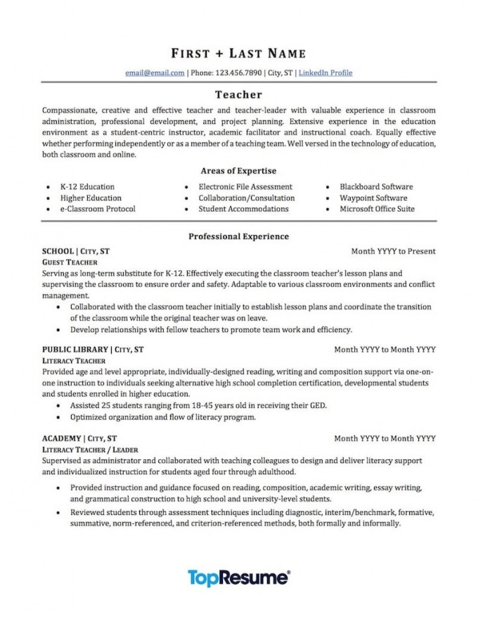 Resume Examples For Teachers With Experience