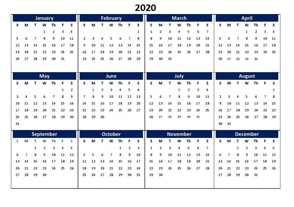Printable 2020 Universal Monthly Calendar