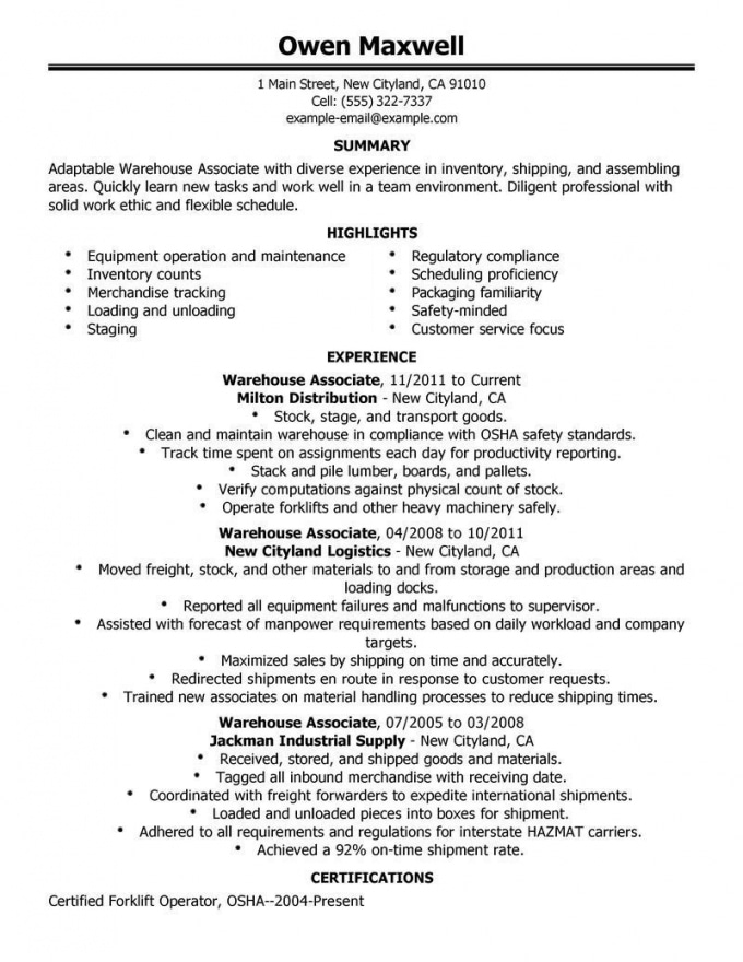 Resume Examples Warehouse Worker