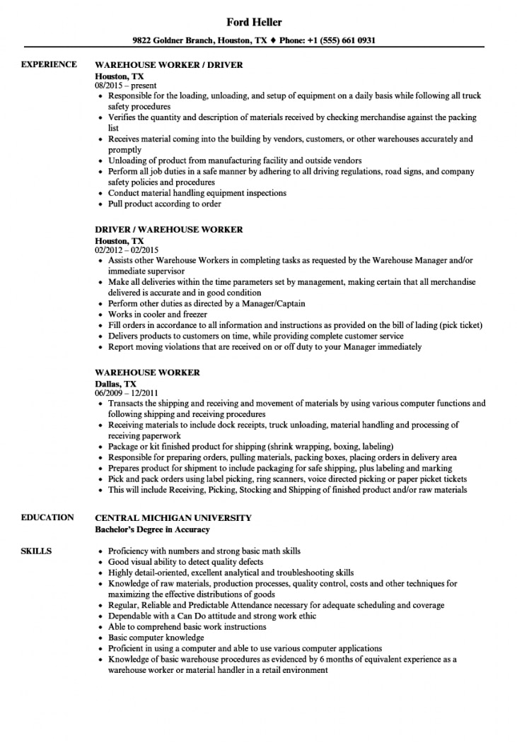 Resume Examples Warehouse Worker