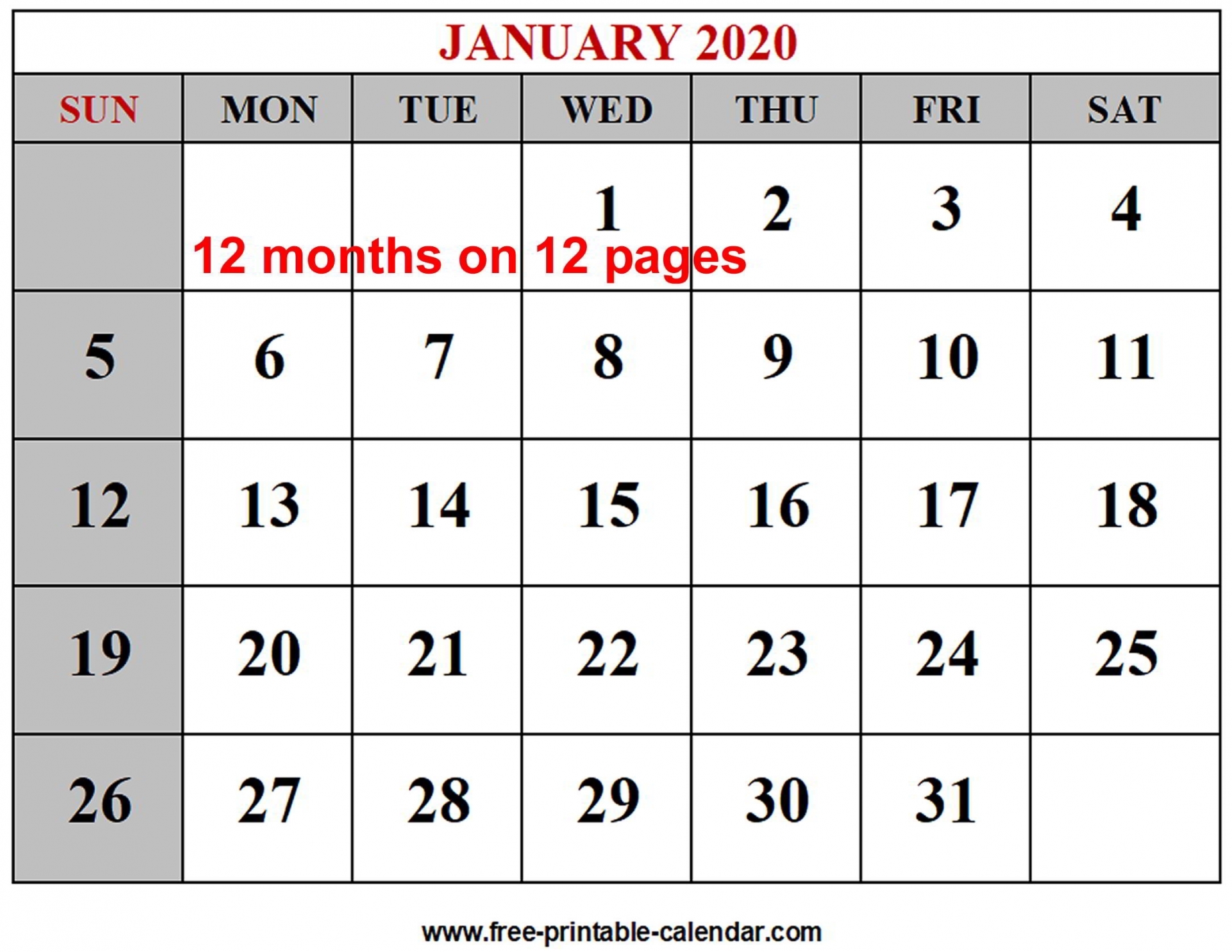 Free 2020 Monthly Calendar Printable Free 2020 Monthly Calendar Printable