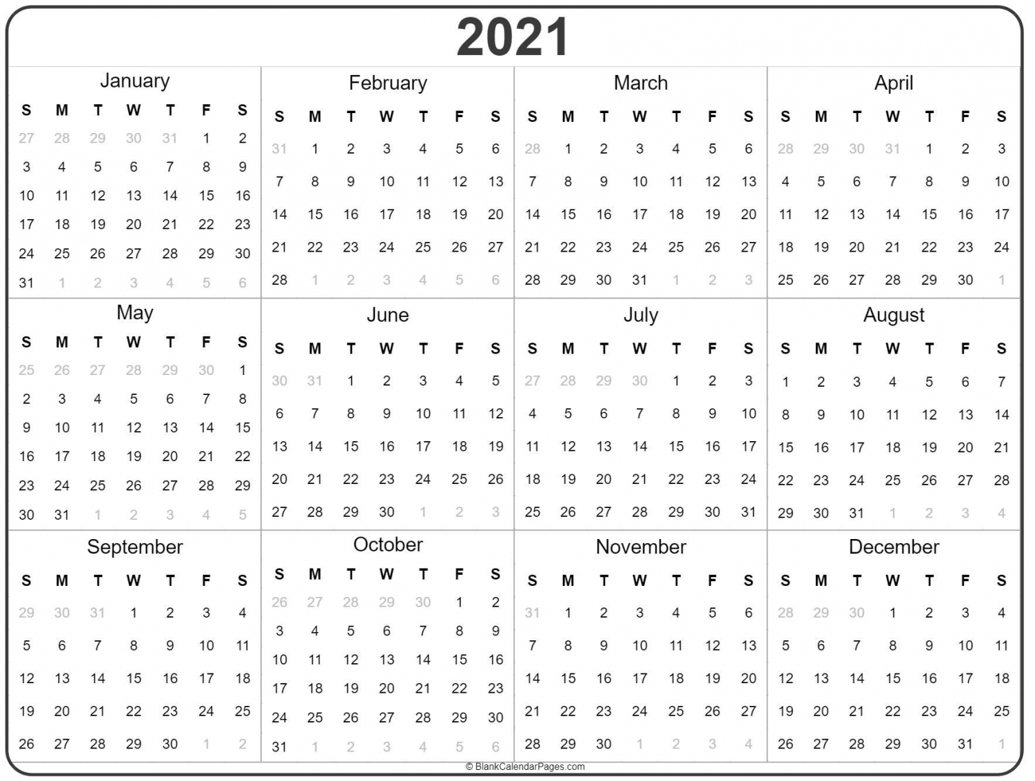 2021 Year Calendar | Yearly Printable