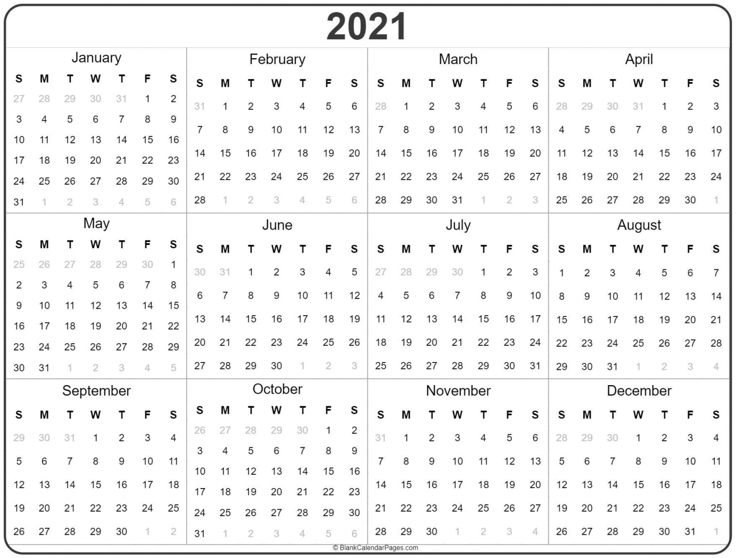2021 Yearly Calendar Printable