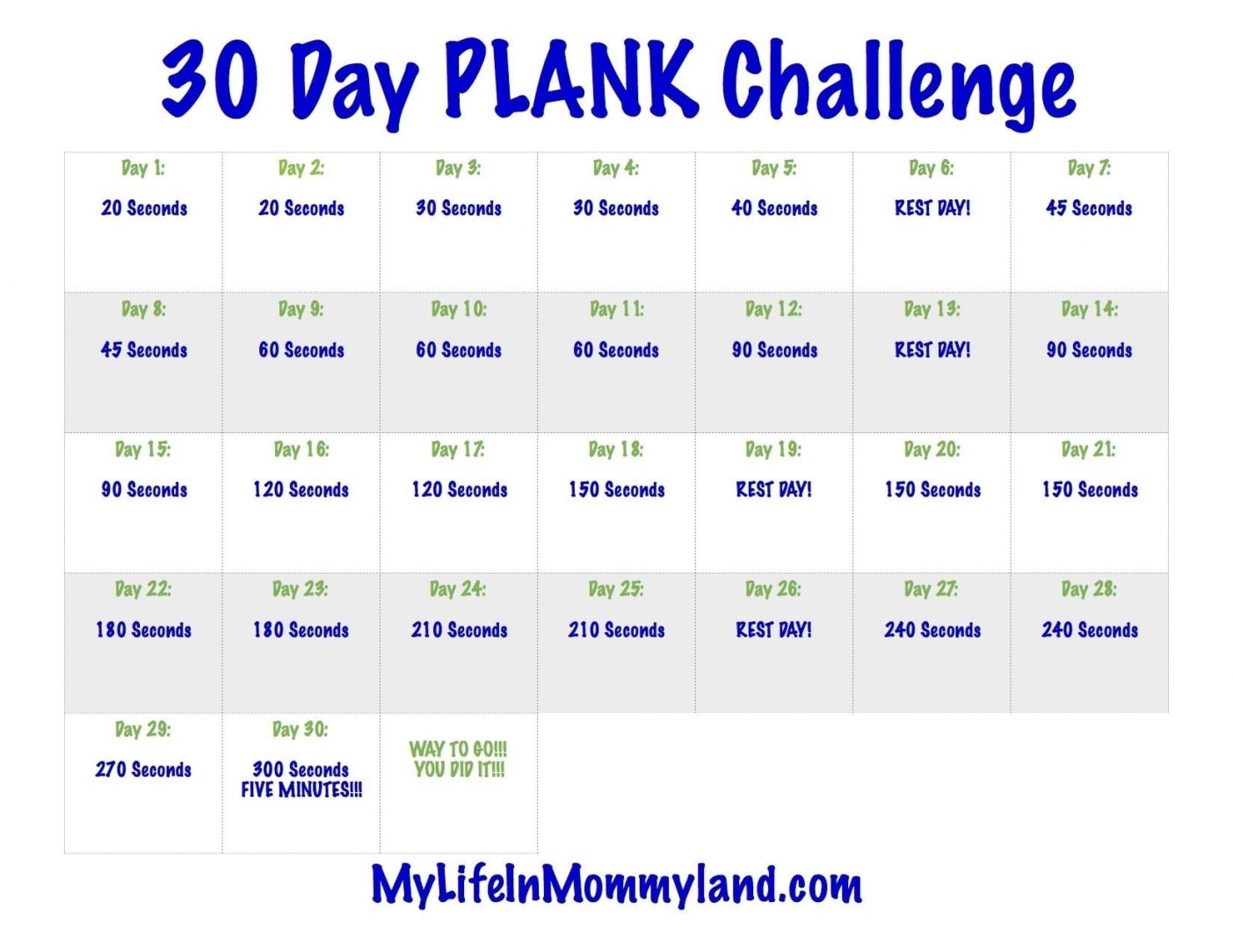 30 Day Plank Challenge Printable Calendar