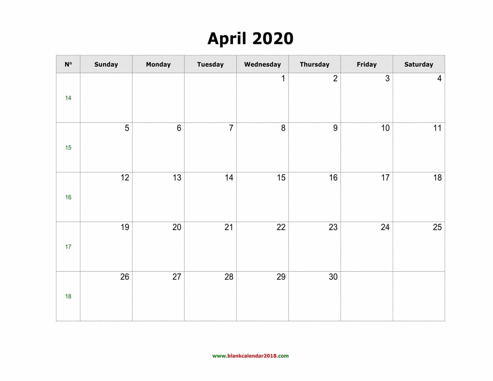 30 Day Calendar 2020 Template
