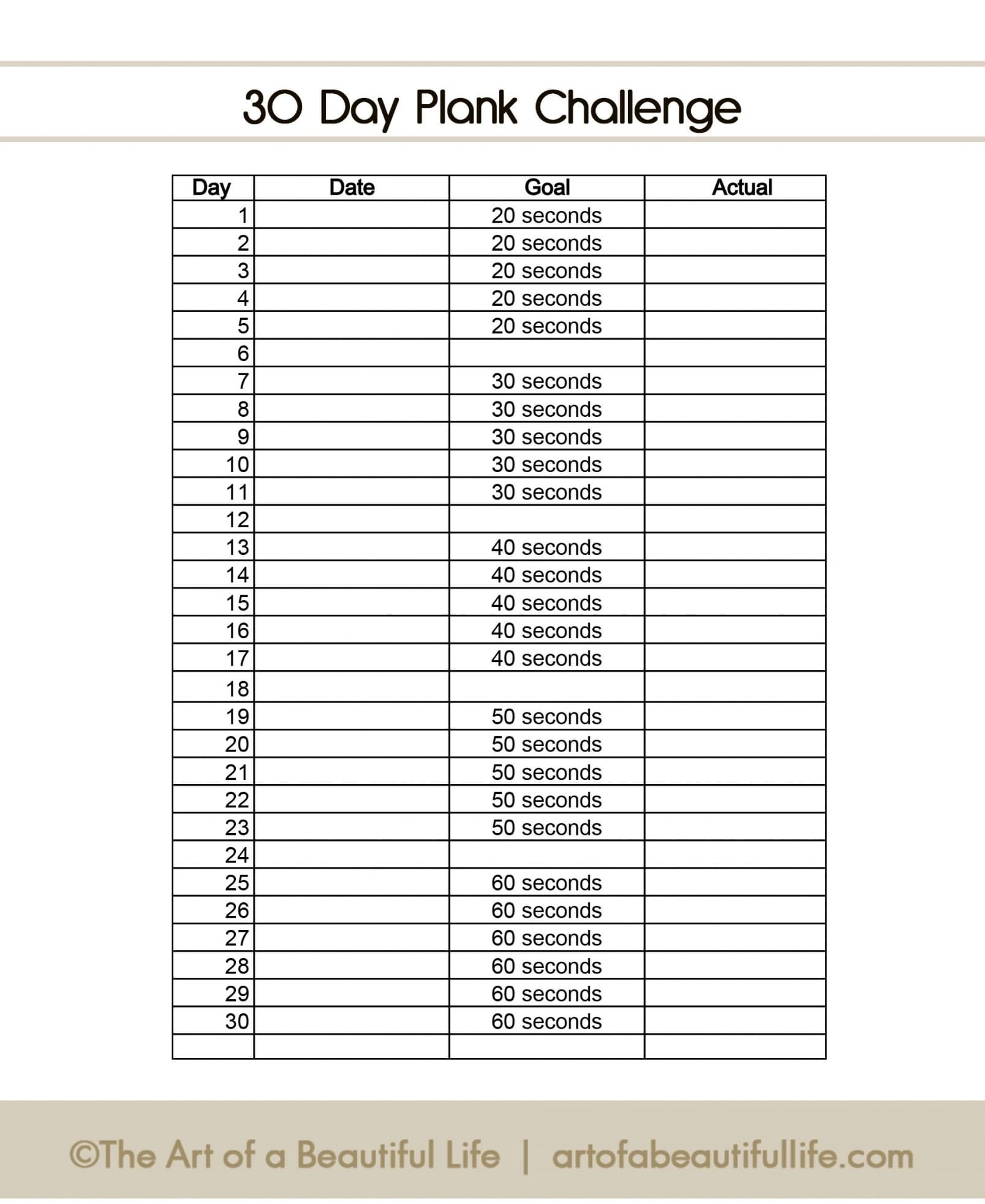 30 Day Plank Challenge Printable Calendar