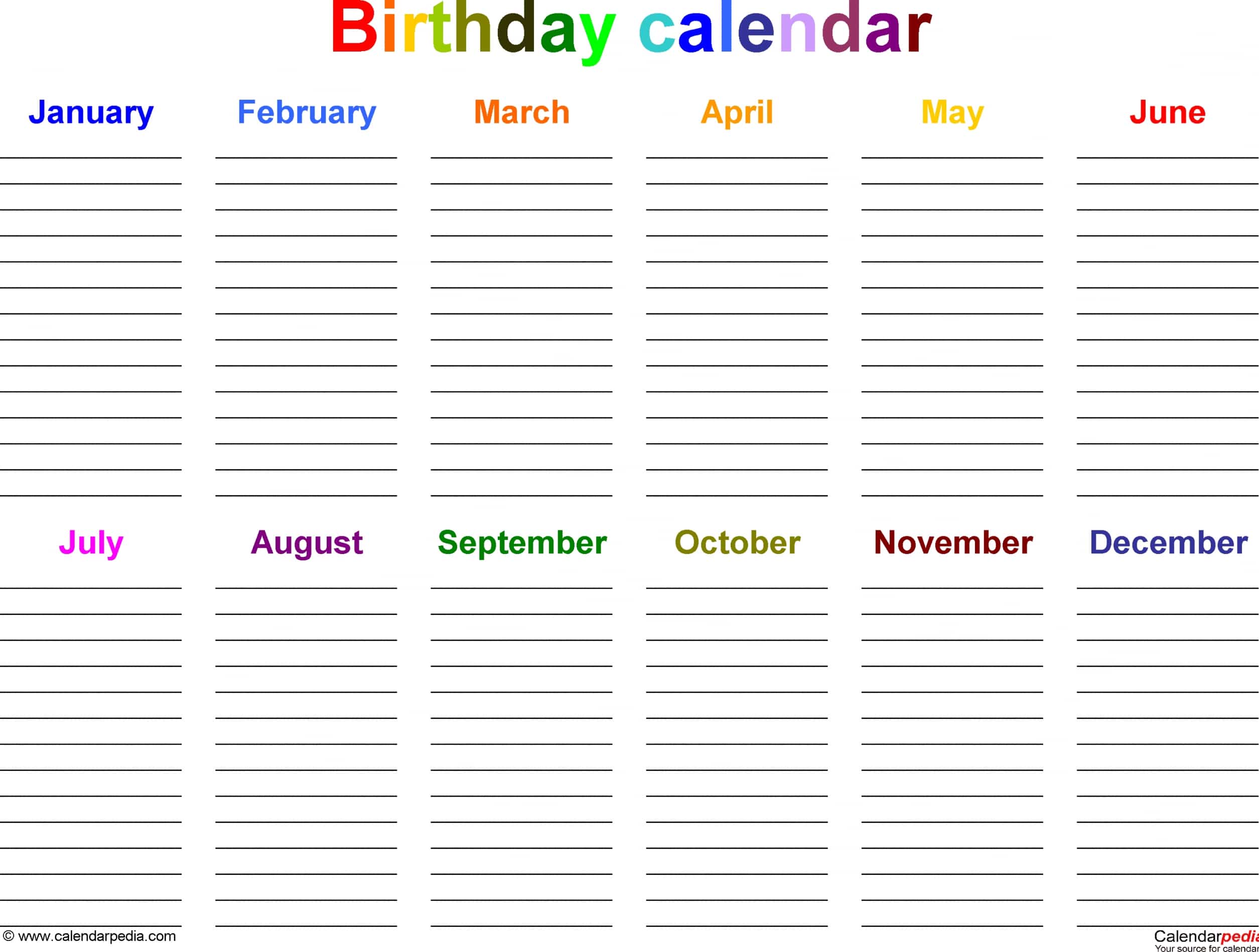 Excel Template For Birthday Calendar In Color (Landscape