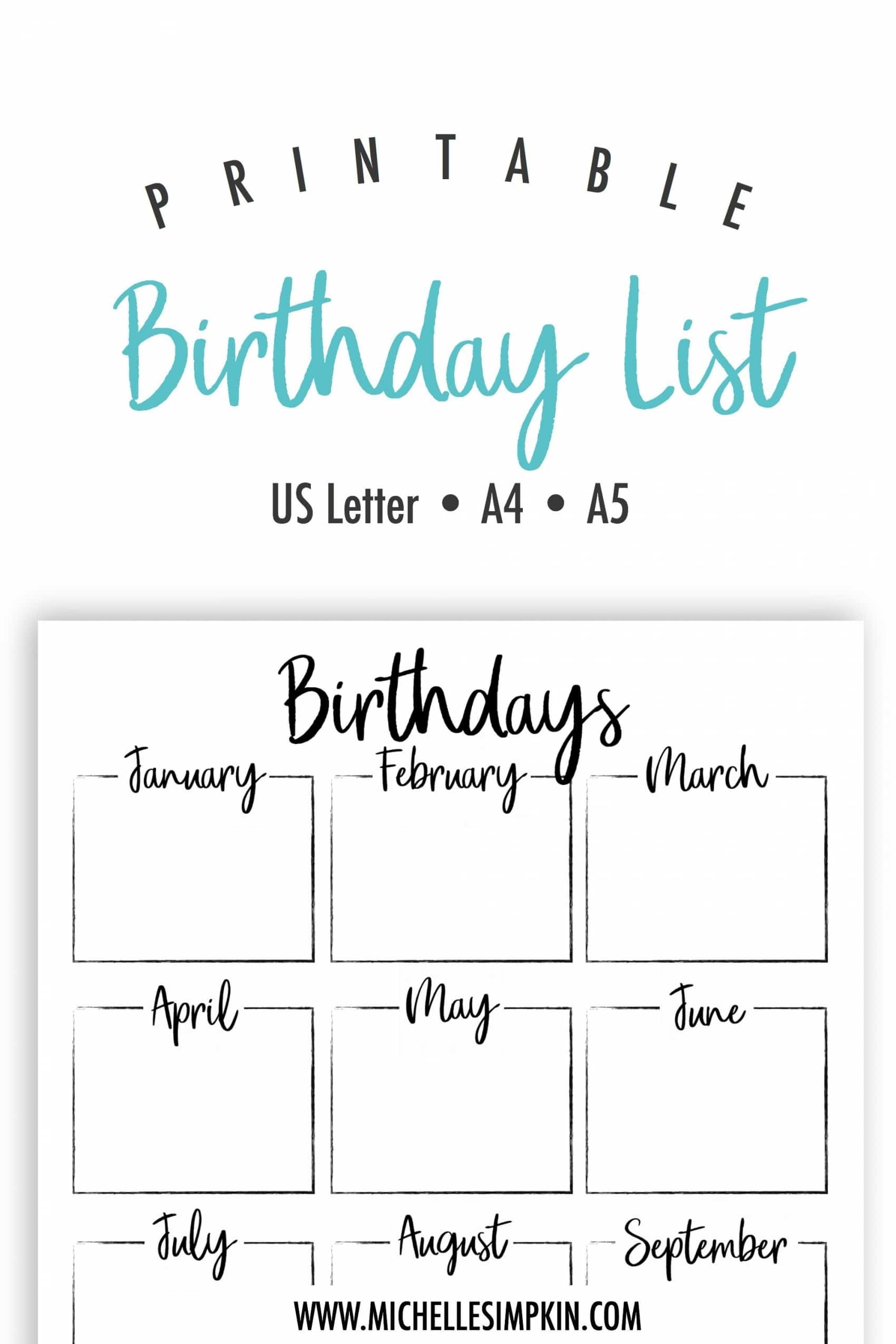 Free Printable Birthday List