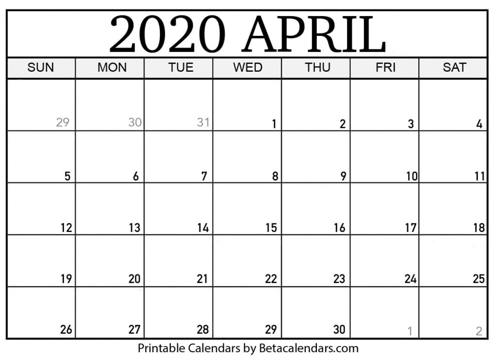 30 Day Calendar 2020 Template
